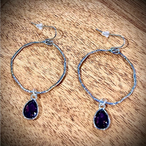 Purple -Textured Silver Hoop Earrings with Dark Purple Charm - Picture 1 of 7